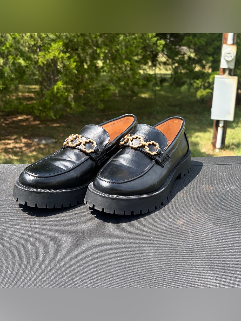 Sam & Libby Rylan Black Lug Sole Platform Chain Loafers Size 8.5